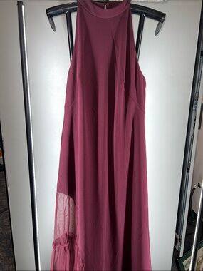 Adrianna Papell One-Shoulder Wine Maxi Dress with Sheer Hem Panel